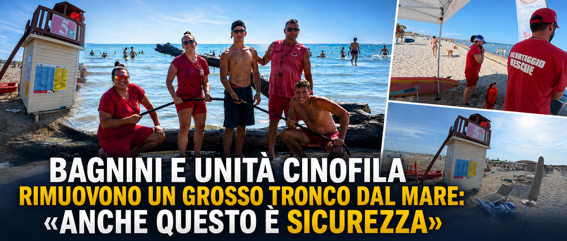 BAGNINI E UNITÀ CINOFILA RIMUOVONO UN GROSSO TRONCO DAL MARE: "ANCHE QUESTO È SICUREZZA"