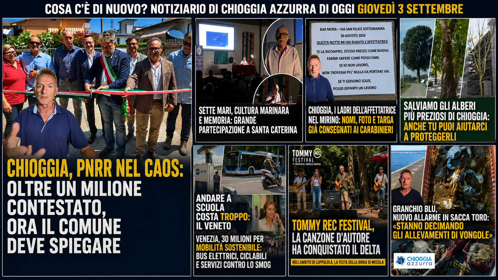 COSA C’È DI NUOVO? NOTIZIARIO DI CHIOGGIA AZZURRA DI OGGI GIOVEDÌ 3 SETTEMBRE