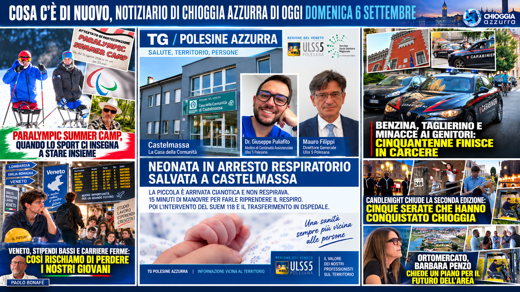 COSA C’È DI NUOVO, NOTIZIARIO DI CHIOGGIA AZZURRA DI OGGI DOMENICA 6 SETTEMBRE