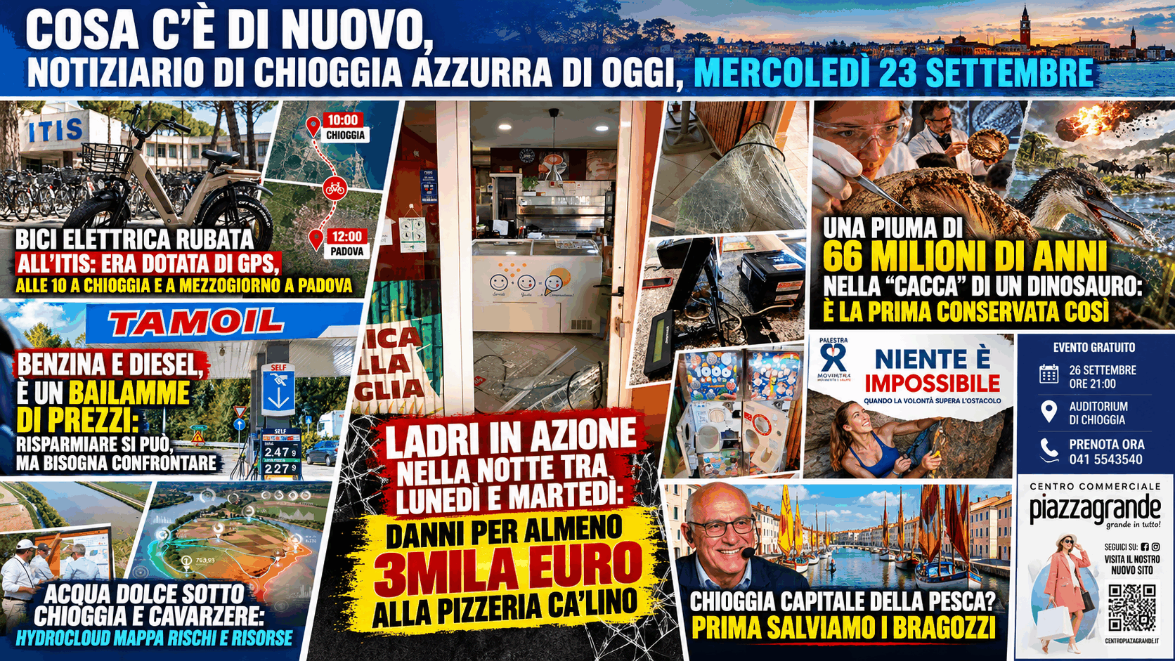 COSA C’È DI NUOVO, NOTIZIARIO DI CHIOGGIA AZZURRA DI OGGI, MERCOLEDÌ 23 SETTEMBRE