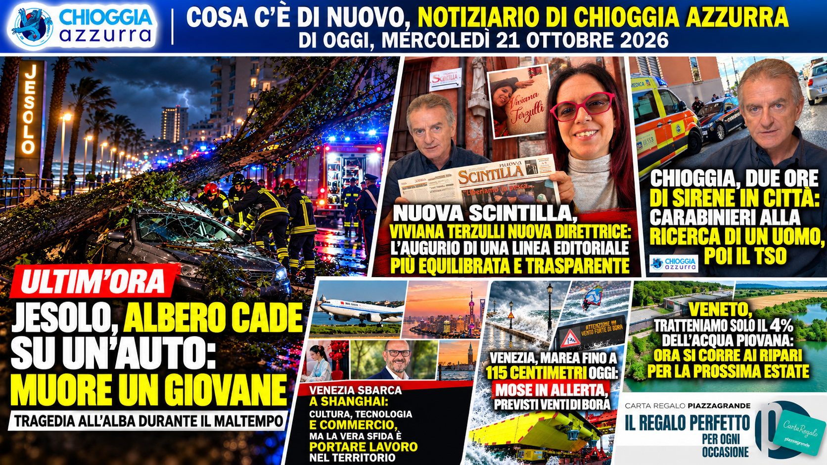 COSA C’È DI NUOVO, NOTIZIARIO DI CHIOGGIA AZZURRA DI OGGI, MERCOLEDÌ 21 OTTOBRE 2026